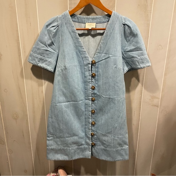 Cute Sezane Vennila denim chambray chunky tortoise button puff sleeve mini dress - Picture 9 of 11